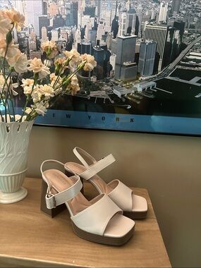 Cream Platform Block Heel Sandals with Adjustable Ankle Strap